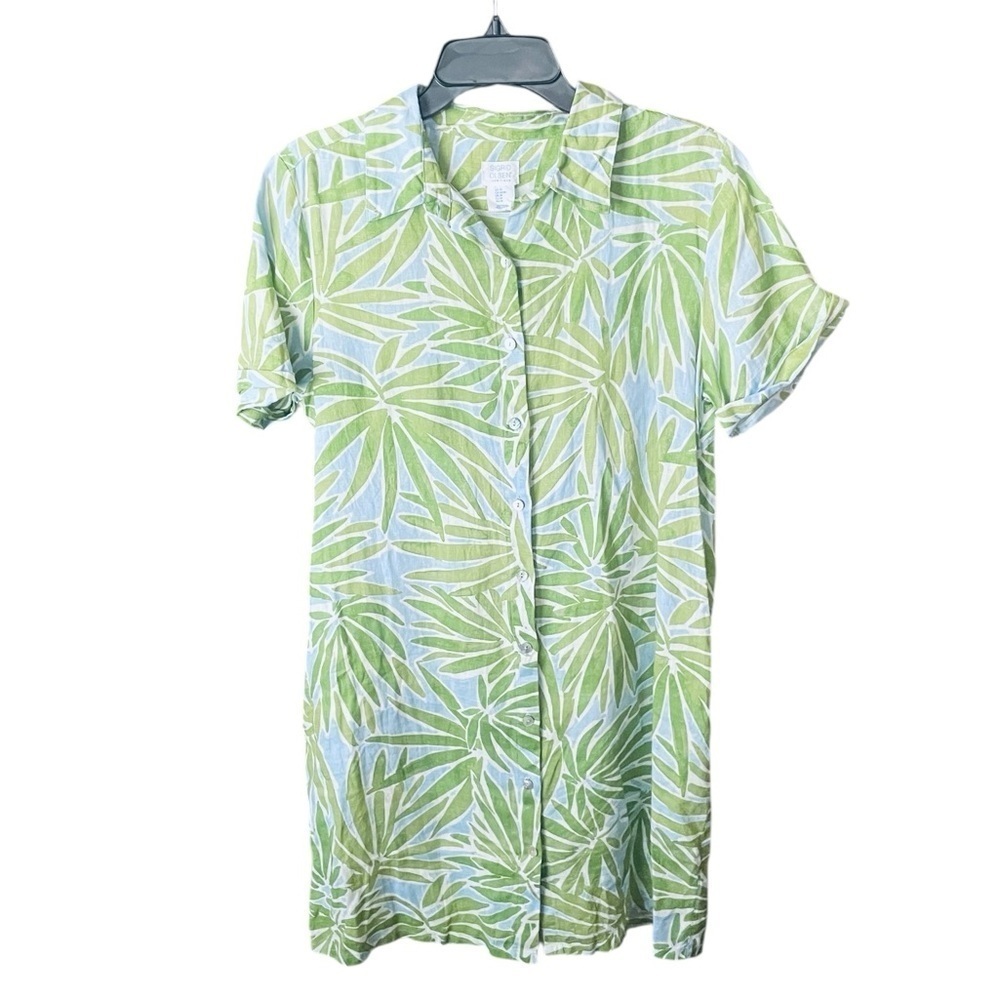 Sigrid Olsen 100% linen button shirt dress pockets short sleeve MED green blue
